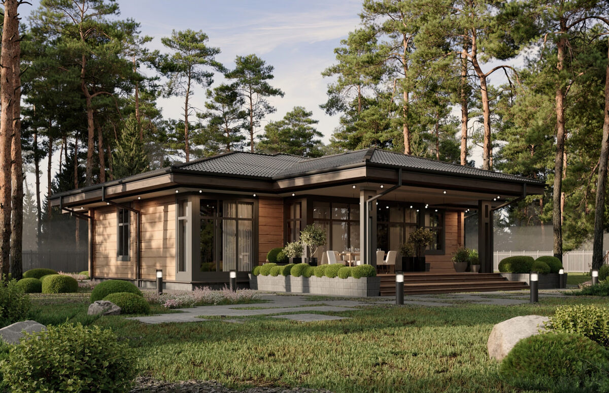 ПРОЕКТ ОДНОЭТАЖНОГО ДОМА, 204 м2: 3 спальни, 2 санузла, кухня-гостиная, терраса, технические помещения