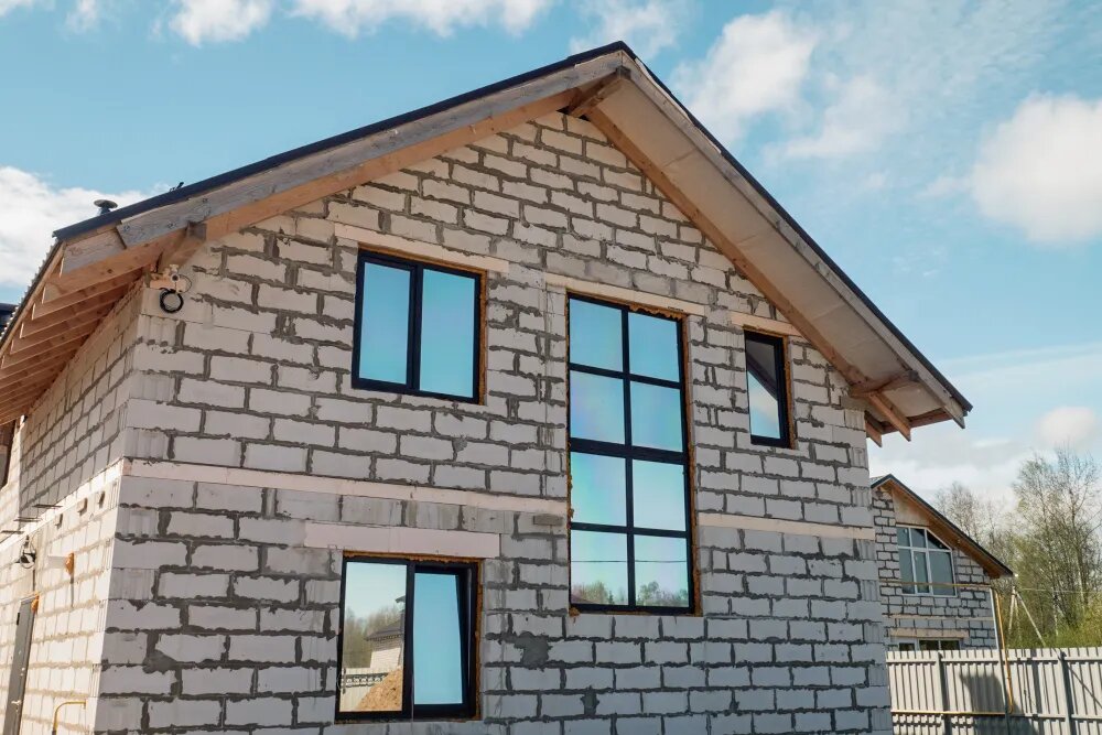 Это дом из газобетона. Обычно дома строят из блоков плотностью не ниже D400: такие блоки не слишком пористые и хорошо сохраняют тепло. Газобетон плотностью D300 и ниже подойдет для хозпостроек. Источник: Andrey Demkin / Shutterstock