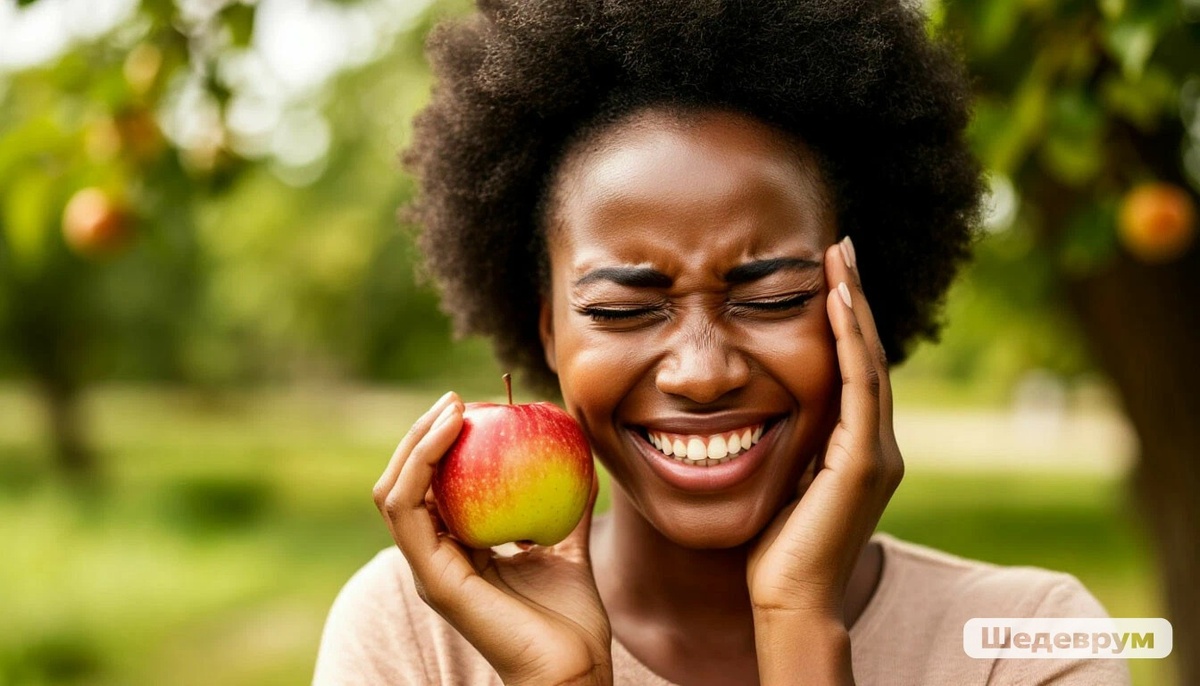 Веселая африканка у которой не болит голова от высокого АД и в руке она держит яблоко 🍎