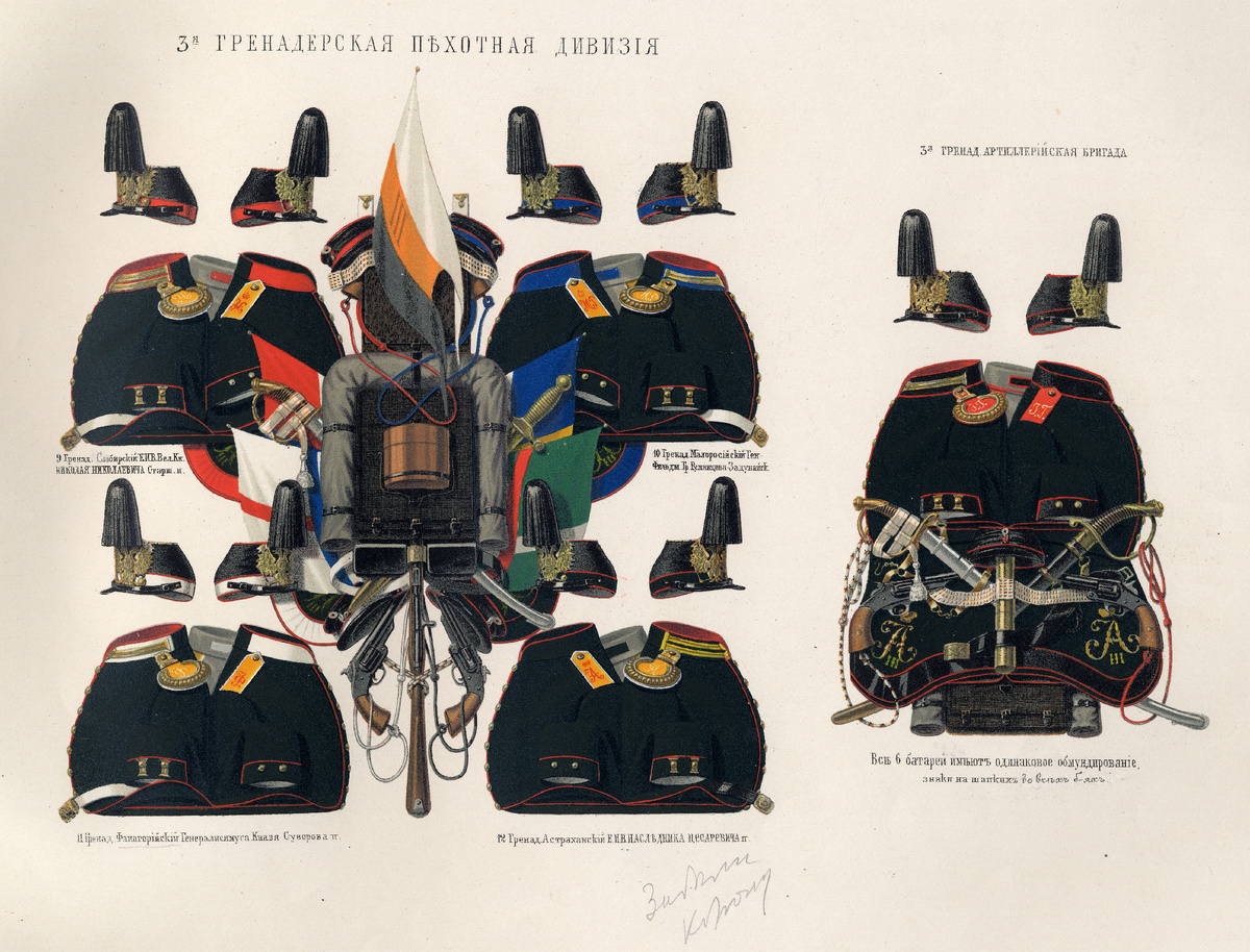 Форма 12-го Гренадерского Астраханского Его Императорского Высочества Наследника Цесаревича полка (29 мая 1865 - 2 марта 1881). 3-я ГРЕНАДЕРСКАЯ ПЕХОТНАЯ ДИВИЗИЯ. "12 Гренад. Астраханский Е.И.В. НАСЛЕДНИКА ЦЕСАРЕВИЧА п.". Интендантские таблицы Штенгеля 1880, Русская Императорская Армия.
Хромолитография. Издательство Штенгель и Ко, Берлин, 1880 год. https://vk.com/photo-198855427_457266347 и https://forum.koof.ru/viewtopic.php?f=42&t=3040