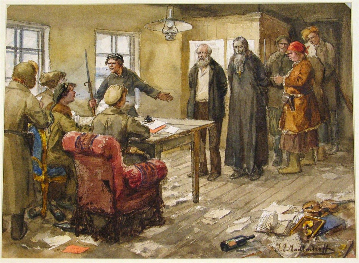 "Обличительная" картина ныне "модного" художника И.Владимирова "Допрос в комитете бедноты". Из открытых источников.