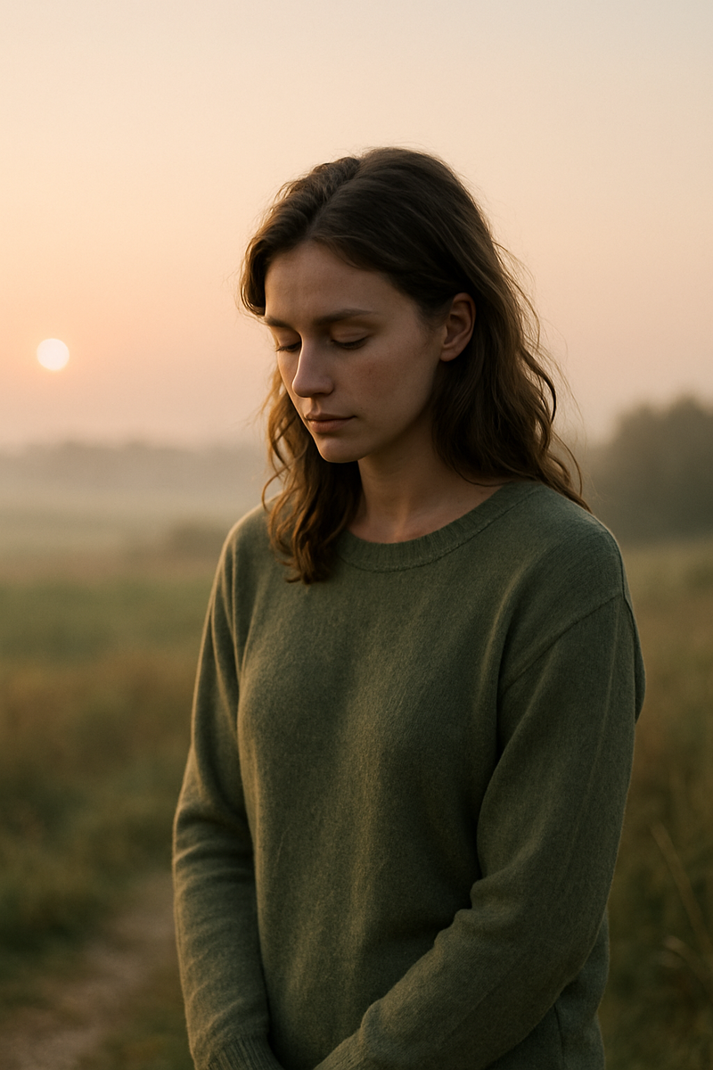 Женщина задумчиво стоит на природе на рассвете.