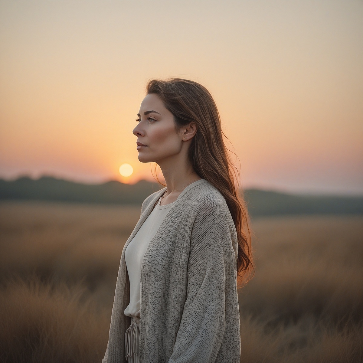 Женщина слушает себе и сосредаточена на дыхании.