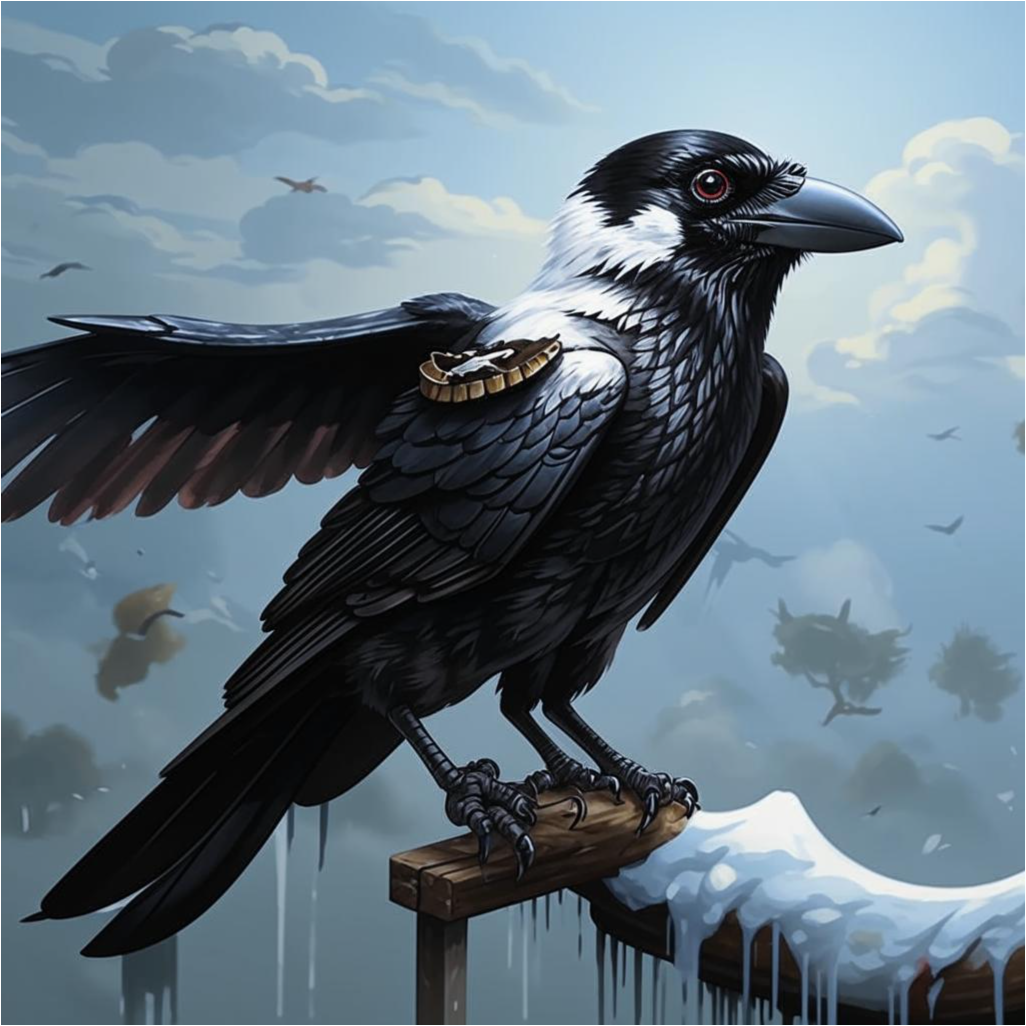 ворона с белой полосой на крыле и шее, словно метка инея