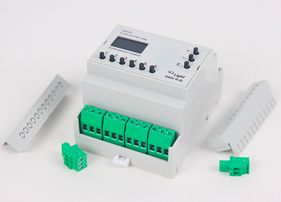 "VJLight DMX R-6i"- DMX реле на DIN рейку 6 каналов по 16A/250VAC на канал с двойной гальванической развязкой и OLED экраном. https://shop.show-device.ru/VJLight-DMX-R-6i.html