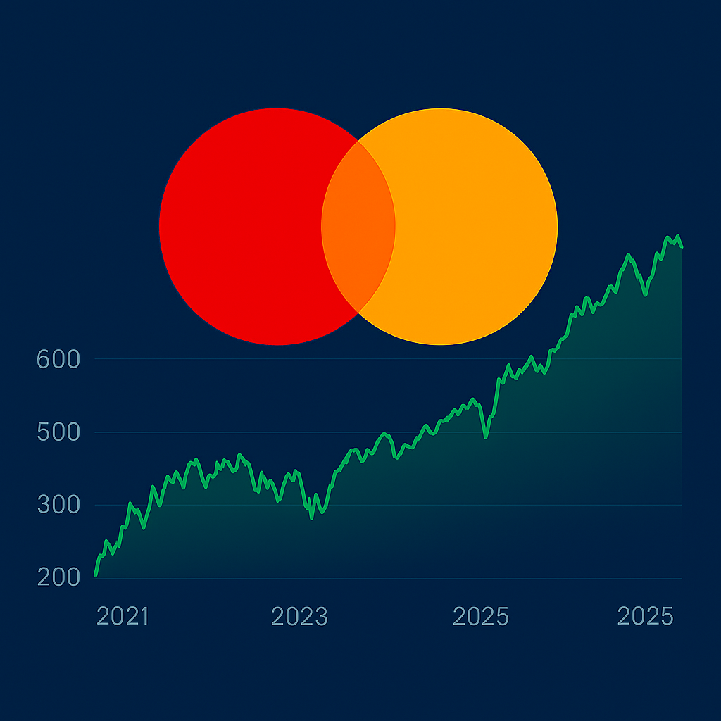 логотип Mastercard и восходящий график акций за 2021–2025 годы