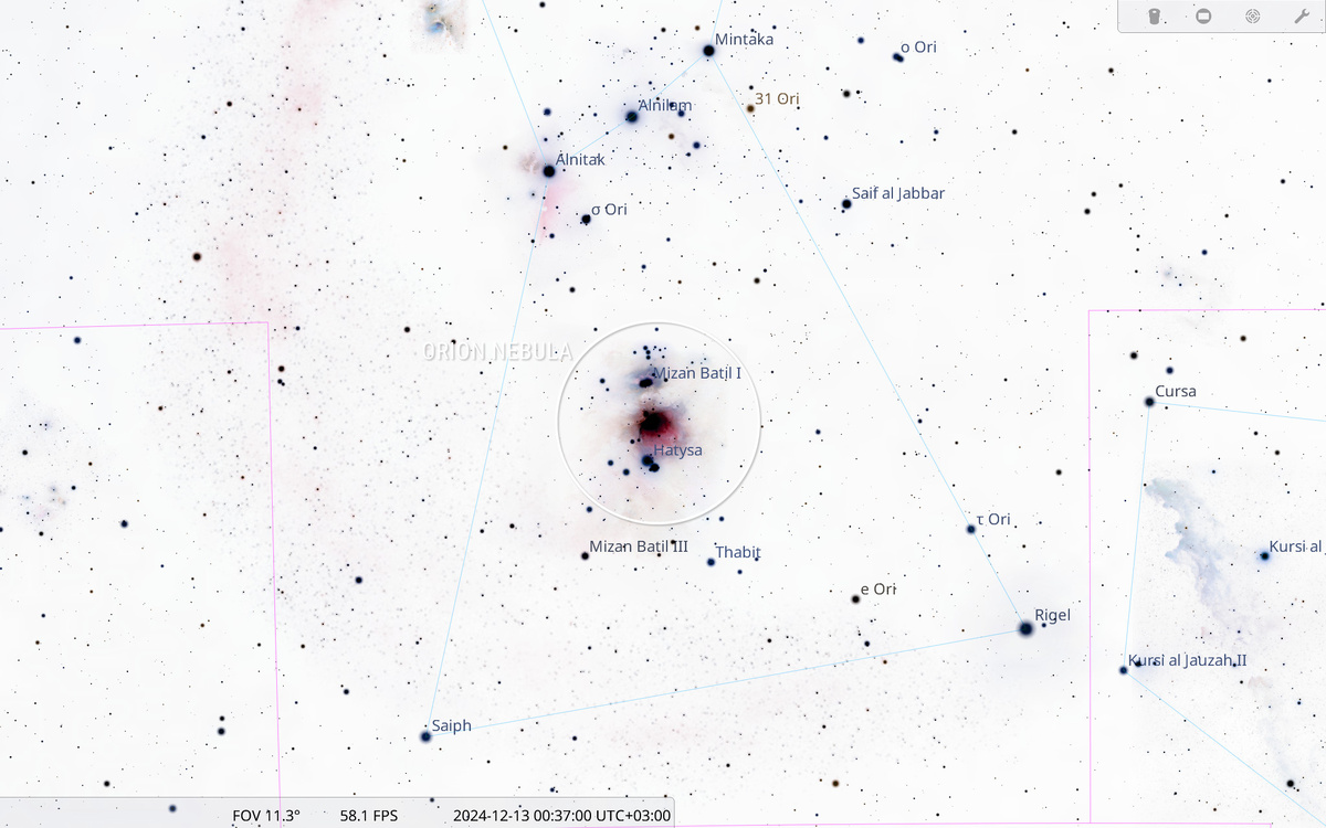 Расположение Туманности Ориона на звёздной карте в южной части одноименного созвездия — под трехзвёздным Поясом Ориона, вокруг центральной звезды астеризма «Меч Ориона»