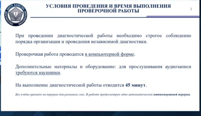 Условия проведения проверочной работы 