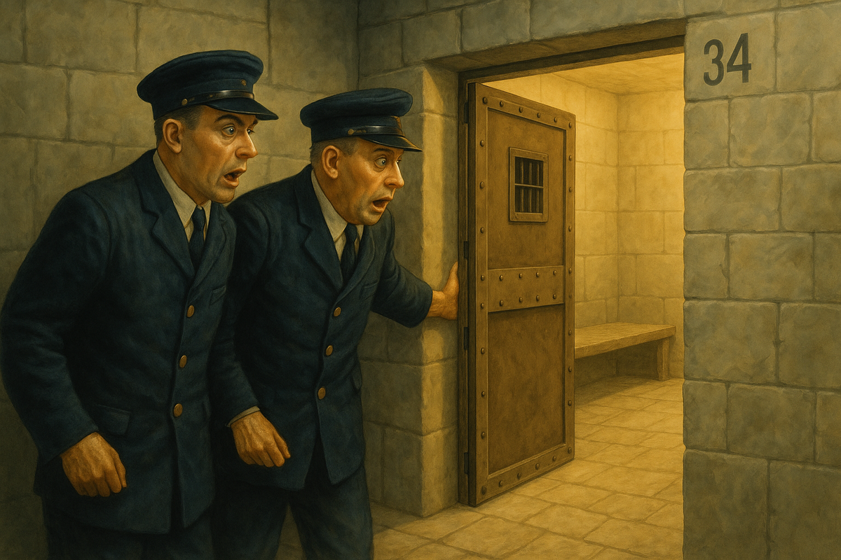 Удивленные охранники осматривают пустую камеру.