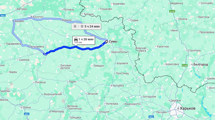Сумы будут окружены – до них совсем недалеко от госграницы//Скриншот страницы сайта "Гугл. Карты"