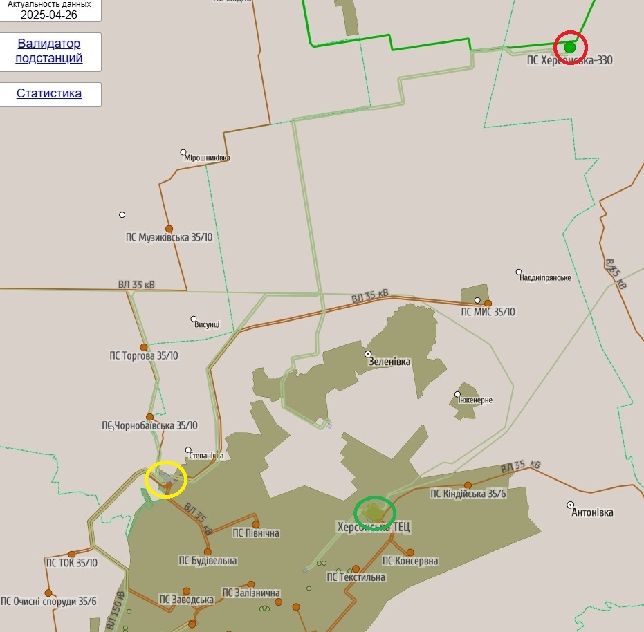 Ключевые энергообъекты Херсонского энергоузла: красным обведена ПС 330/150 кВ Херсонская, зелёным – Херсонская ТЭЦ, жёлтым – ПС 150/35 кВ ХНПЗ