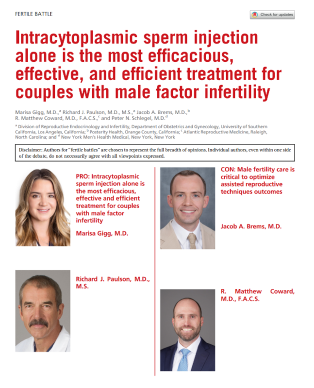 Gigg M, Paulson RJ, Brems JA, Coward RM, Schlegel PN. Intracytoplasmic sperm injection alone is the most efficacious, effective, and efficient treatment for couples with male factor infertility. Fertil Steril. 2025;123(4):574-580. doi:10.1016/j.fertnstert.2025.02.005