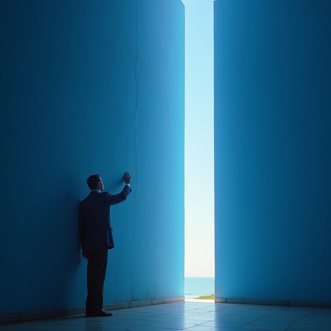 Труман стоит вплотную к огромной стене, которая выглядит как бесконечное голубое небо.
Он касается стены ладонью.
В месте касания видна небольшая, но отчётливая трещина — реальность словно ломается под его пальцами.