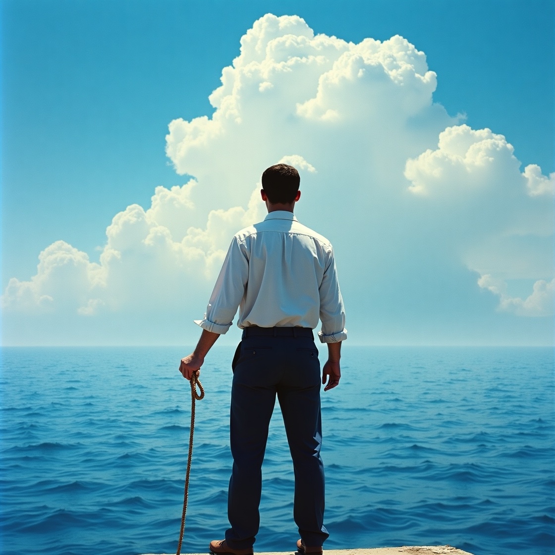 Труман стоит на краю огромного искусственного океана. Небо слишком ровное, облака — будто нарисованные. Всё кажется "слишком идеальным"