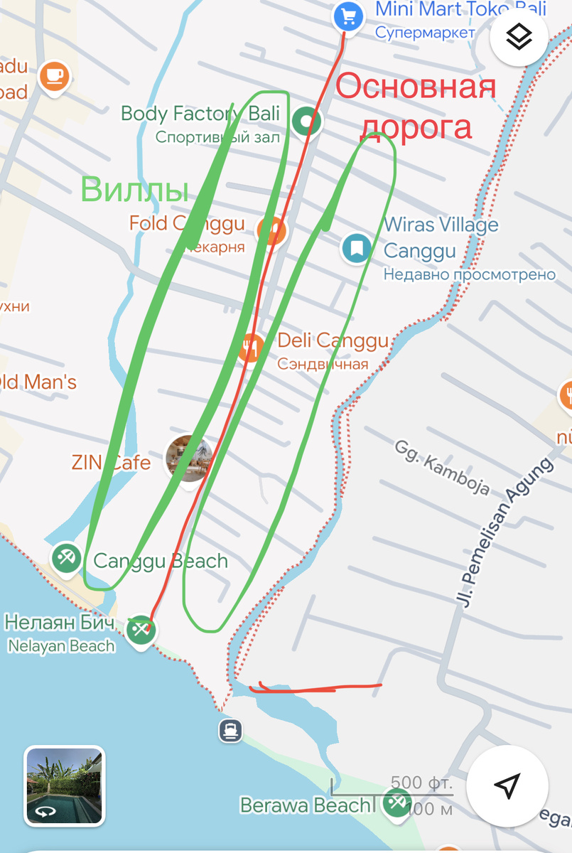 Жилье надо искать в ответвлениях от основной дороги (зеленые зоны)