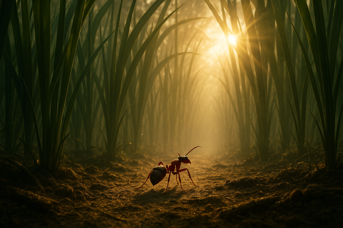 Эпичный взгляд муравья на мир: гигантская трава, пыль в солнечных лучах, грандиозная сцена в миниатюре.