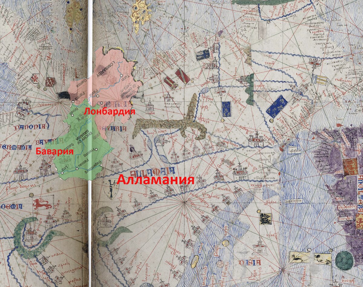 Очертания Лангобардии и Баварии, наложенные Каталонский атлас 1375 г.