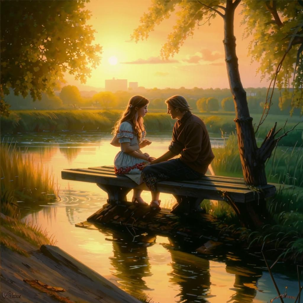 Никита и Варвара сидят на скамейке у реки