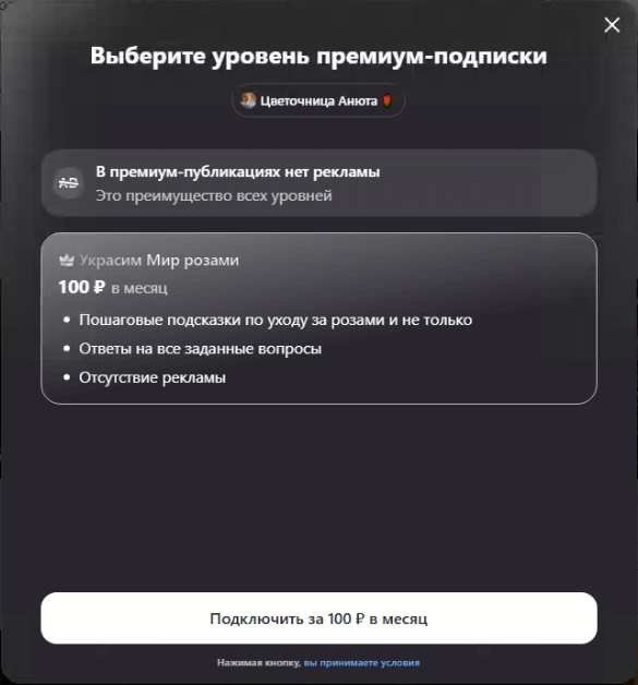 Фрагмент страницы для подключения премиум-подписки