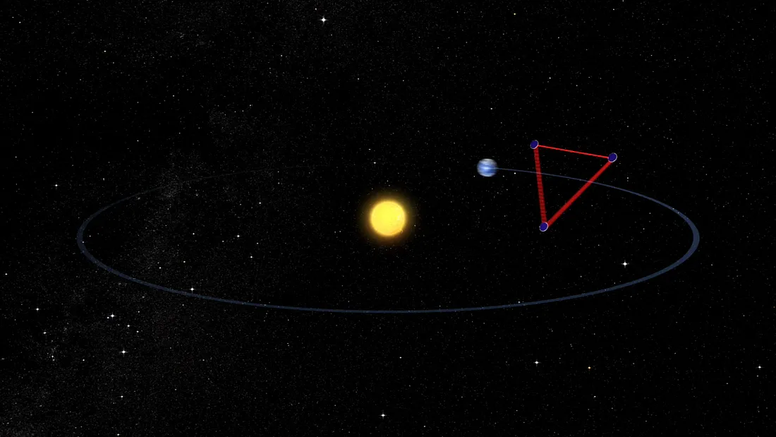 Иллюстрация лазерной интерферометрической космической антенны (LISA), следующей за орбитой Земли вокруг Солнца. Длина каждого её плеча составляет 2,5 миллиона километров.