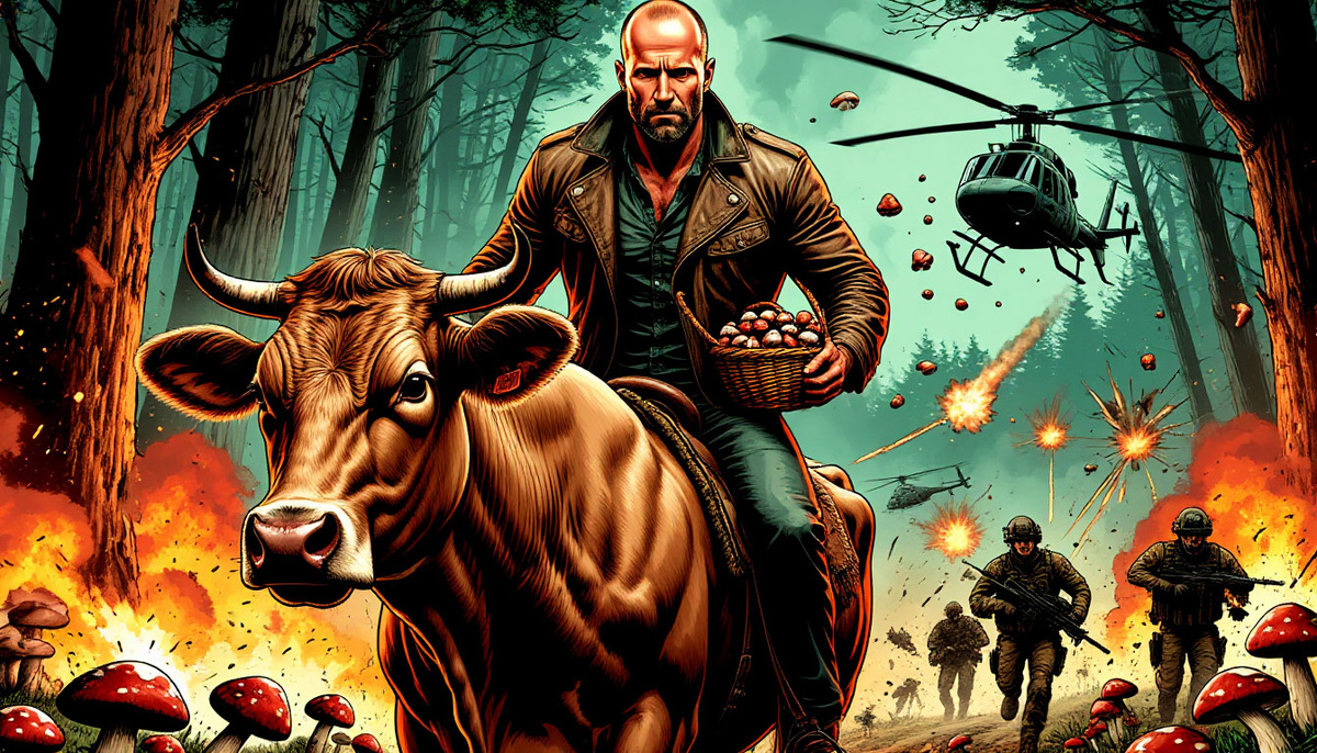 Джейсен Стетхем убегает с грибами от отряда спецназа. Фото из нейросети.
