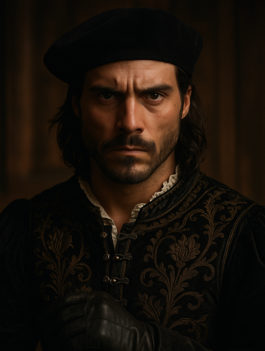 Чезаре Борджиа — блистательный военачальник и прообраз «Государя»: его стальной взгляд и перчатка на руке напоминают, что власть для него всегда пахла кровью.