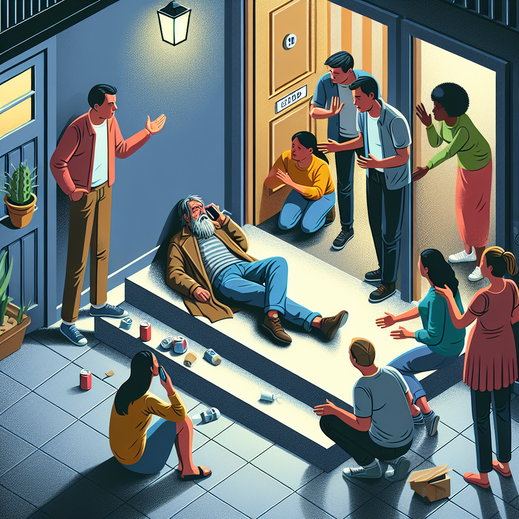 Бездомный расположился в подъезде, чтобы избежать ураган на улице. /ИИ-арт Ивановой Надежды.