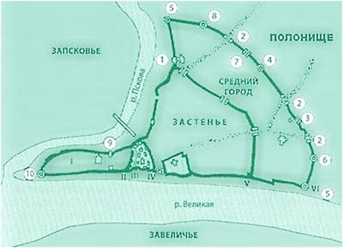 Схематическая карта Пскова ок. середины XV в.