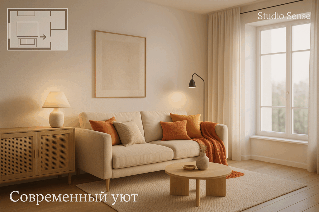    Белые стены уютного интерьера с освещением Keri