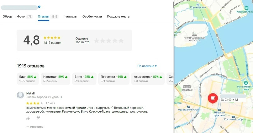 Клиенты могут выбрать отзывы о компании по самым обсуждаемым темам. Например, что говорят про вино или атмосферу