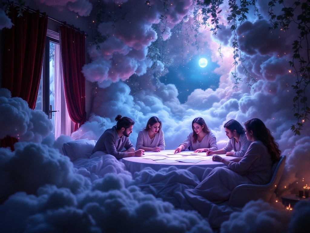    К чему такое снится: На картине изображена комната со столом, за которым сидят четыре человека: двое женщин, двое мужчин. Они обсуждают что-то, указывая на развернутые документы. В углу