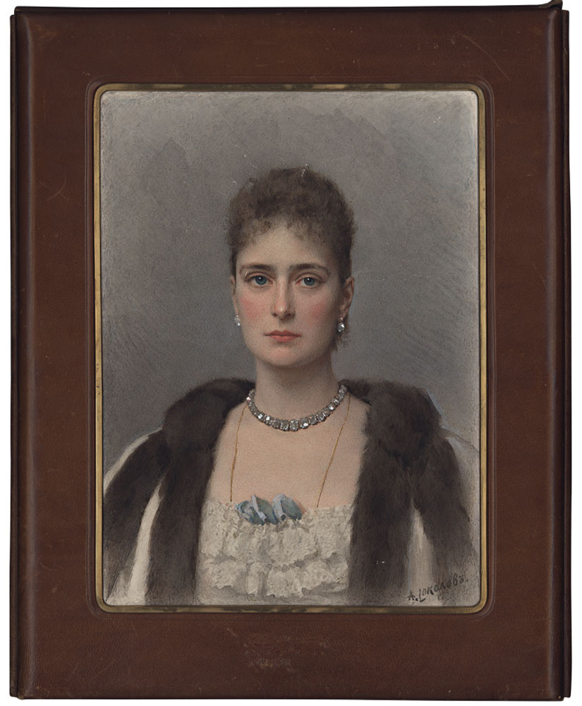 Павел Соколов. Портрет императрицы Александры Федоровны, акварель, белила.  Этот портрет был  с императором повсюду, он брал его в поездки. 