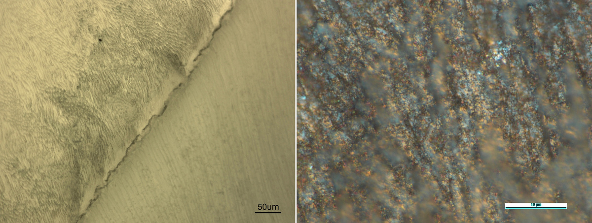 Слева: участок дентино-эмалевой границы со сформированным биомиметическим антимикробным покрытием на поверхности, увеличение х600; справа: Участок эмали зуба с нанесенным биомиметическим антимикробным покрытием на поверхности зубной эмали в области эмалевых стержней, увеличение х1000. Источник: Павел Середин