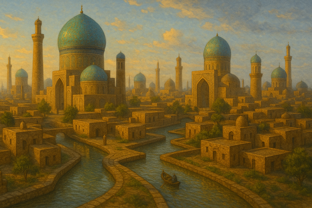 Вид Самарканда с куполами мечетей и каналами времён Тамерлана