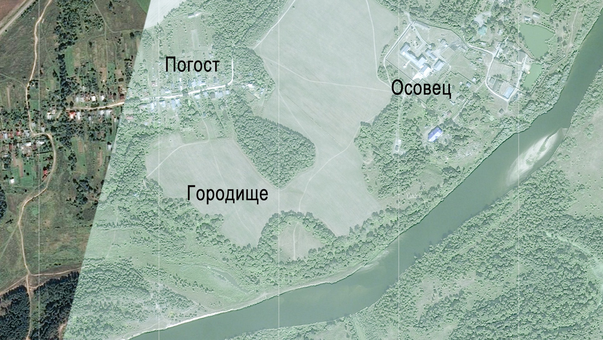 План древнего городища рядом с селом Осовец и деревней Погост на берегу реки Клязьма