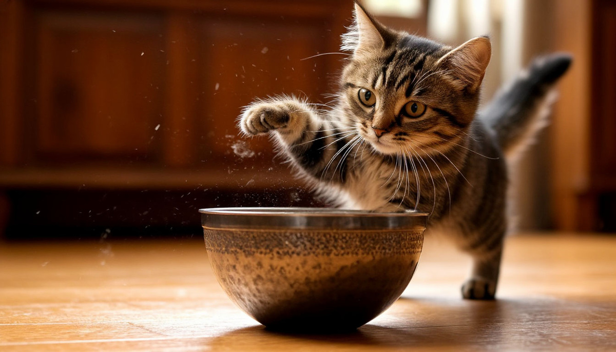 Кот который кидает на пол железную миску.