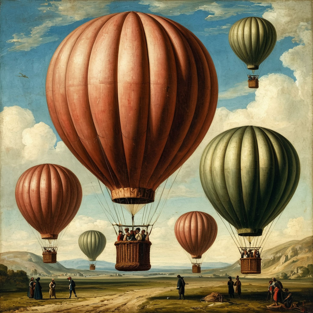 Внешний вид тепловых аэростатов 18 века в представлении художника