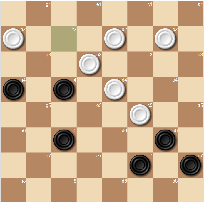  1...fg5? (1...fe5! --++)  2.ba3 (2. bc3! X) hg3 3. b4 f2!  (3...a5 4.c3x) 4...a5 5.c3 cb6= 