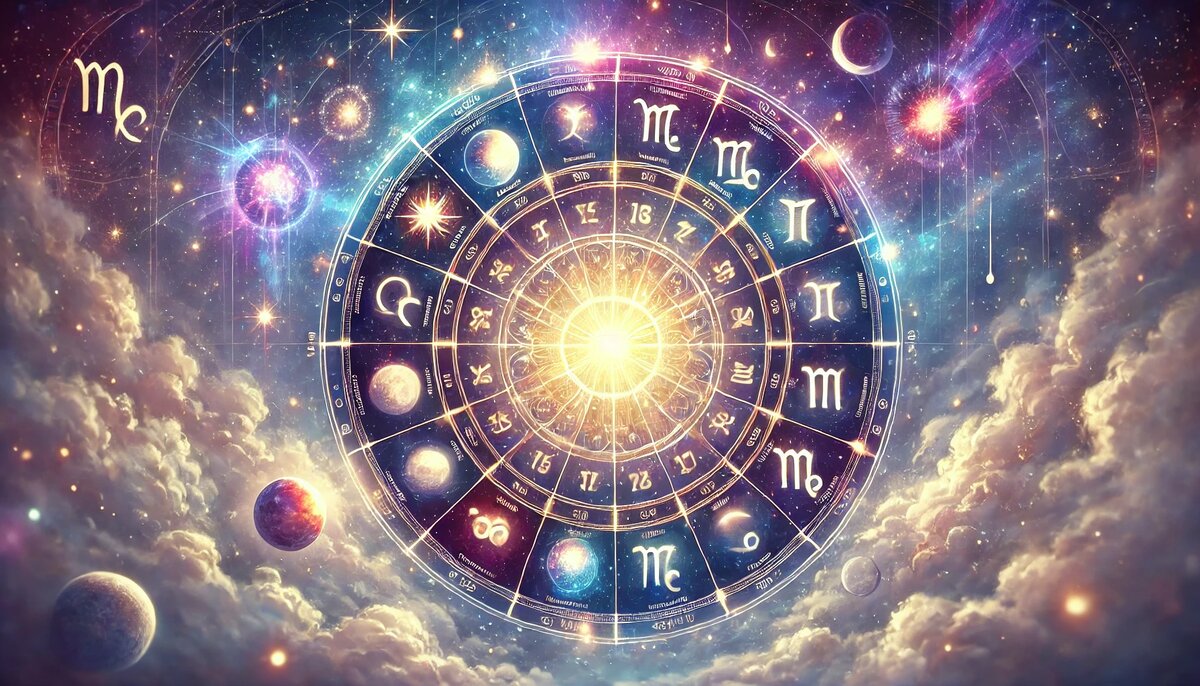 Мистический астрологический круг с символами зодиака на фоне ночного неба и мягких туманностей