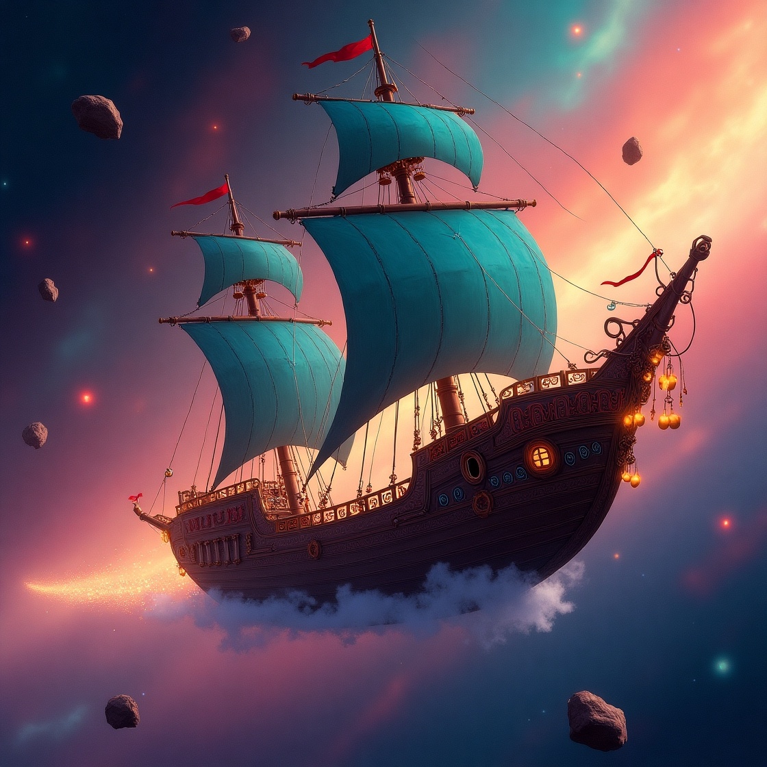 «Пиратский корабль в космосе, стиль Studio Ghibli, яркие цвета»