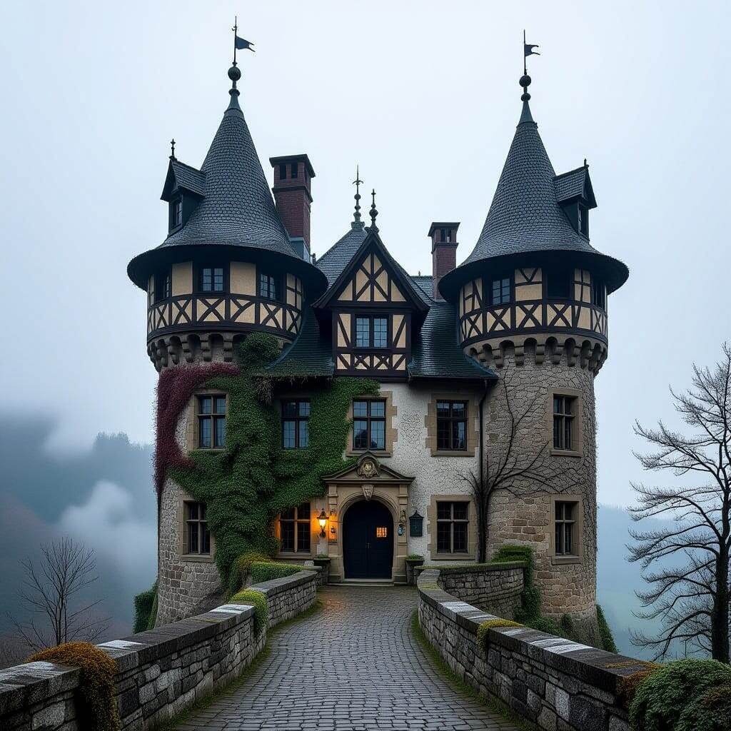 «Заброшенный замок в облаках, стиль смесь Ван Гога и киберпанка»