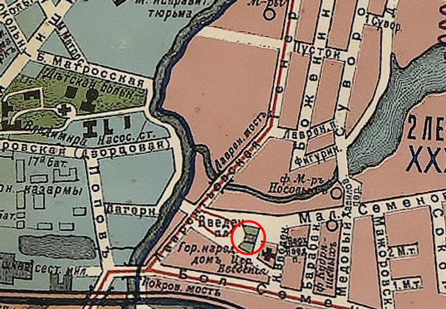 Карта Москвы Суворина за 1912 г. Фрагмент. Красным цветом примерно обозначено местоположение Ансамбля. Источник: http://www.etomesto.ru/map-moscow_suvorin-1912/