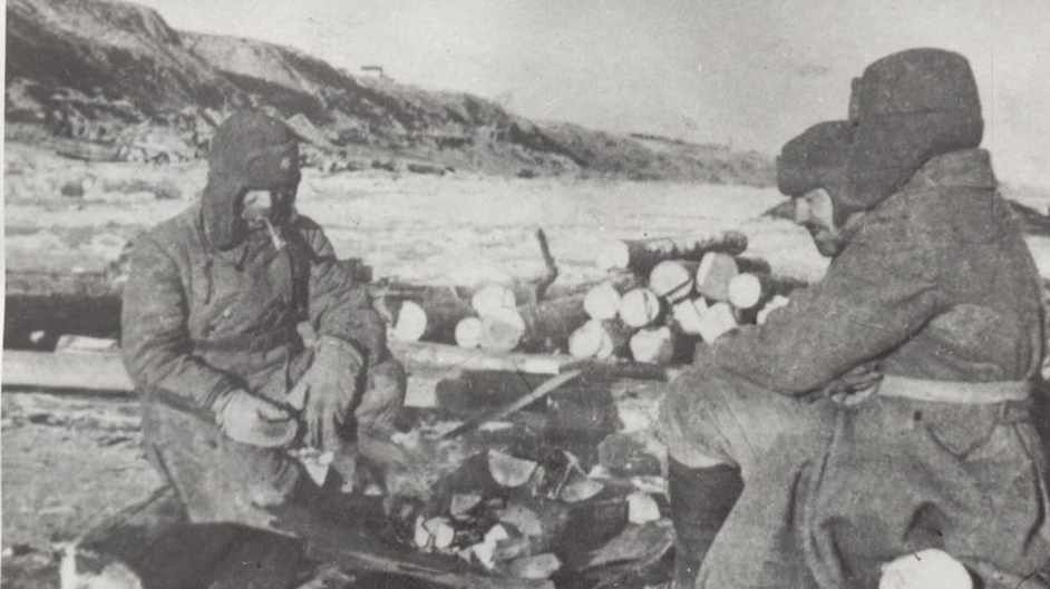 Солдаты заготавливают бревна и дрова для блиндажей, окопов и дзотов, В.И. Орлянкин, Сталинград, 1942 г.. Местонахождение: ГБУК «Волгоградский областной краеведческий музей», goskatalog.ru