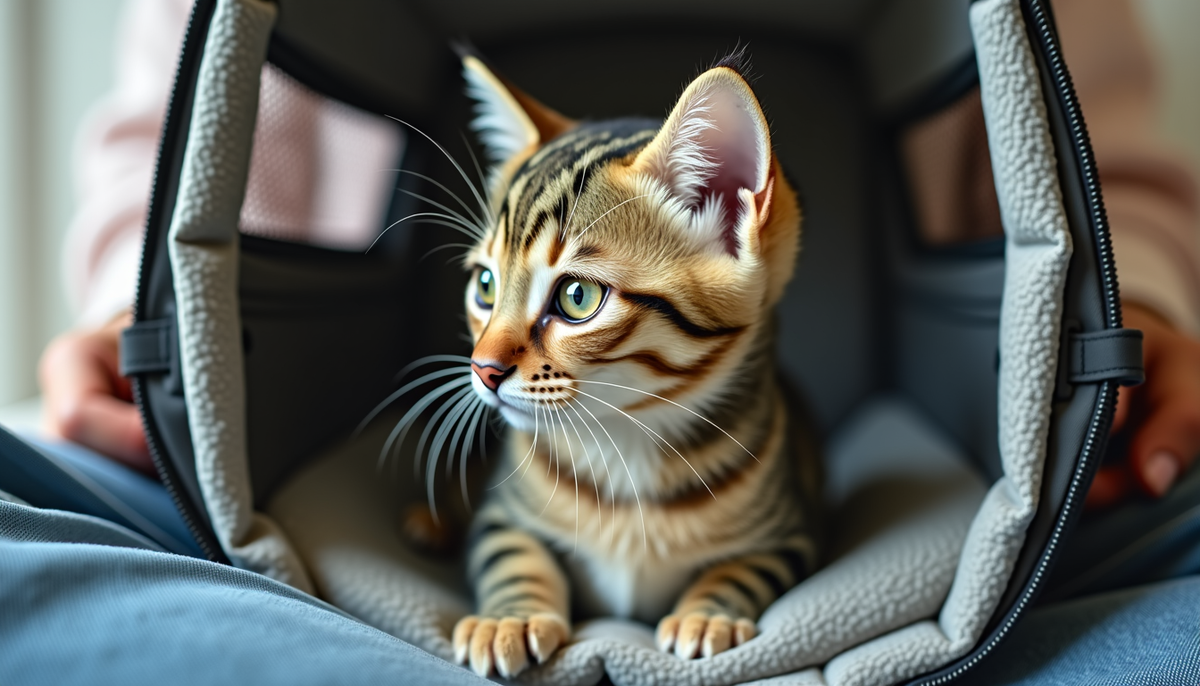 Кот сидит в переноске на окленях у хозяйки