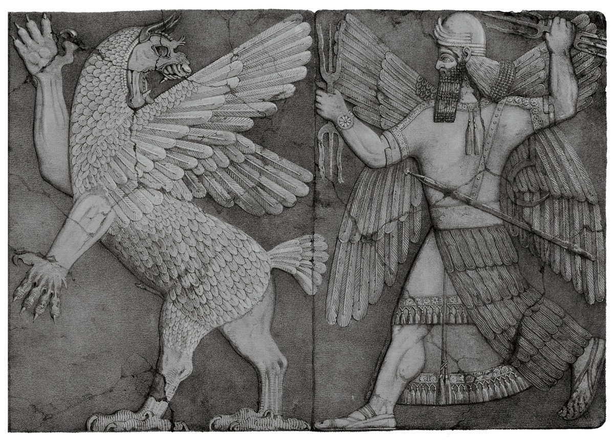 На этой гравюре с барельефа, найденного при раскопках древнего ассирийского города Нимруд, чудовище хаоса, изображённое в виде дракона, изгоняется из храма месопотамским богом Солнца.Фотография предоставлена компанией Pictures from History/CPA Media Pte Ltd/Alamy Stock Photo