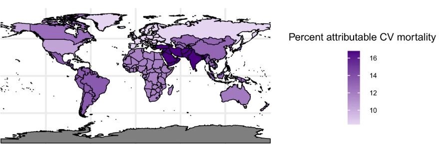    Смертность от сердечно-сосудистых заболеваний, связанных с фталатами во всем мире. Percent attributable CV mortality — процент смертности от сердечно-сосудистых заболеваний, обусловленных ДЭГФ. Цифры — проценты. Фото: eBioMedicine