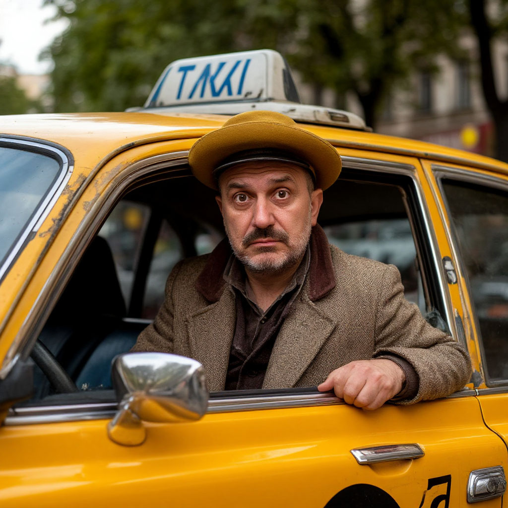 Того самого таксиста в кадр заловить не удалось, на поверьте на слово, этот чУдной таксист, изображенный на рисунке, созданном искусственным интеллектом, похож на него, как кровный брат, разве что автомобиль у него был не желтенький с шашечками, а брутальная Лада седан.