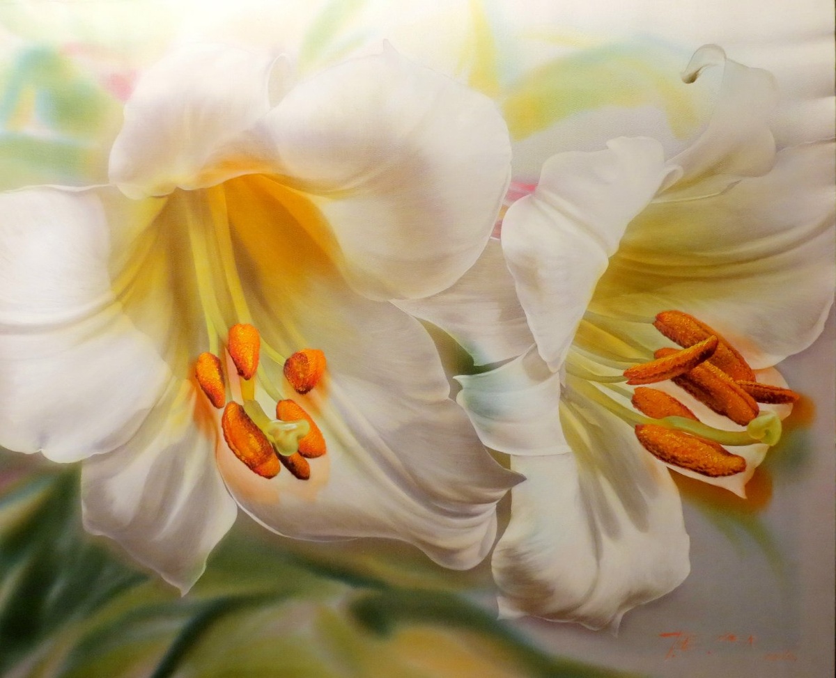 Елена Тенер. "Белые лилии". ( 95х115 см. роспись на шёлке)