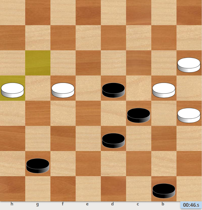 1...h6 2.b6! (2.hg5 e3 4.c3 (4.b6?? c:a7x) bc5 5.d4 6.c5 7.c5 f2x) 2.c5! d:b6 3.hg5 (3.а5 с7 4.b4 e3 5...ab6 6.de3 bc5 7.f4 8.hg5 b2 9.gf6 g5! 10... a1x) bc5 4.gf6 ab6x