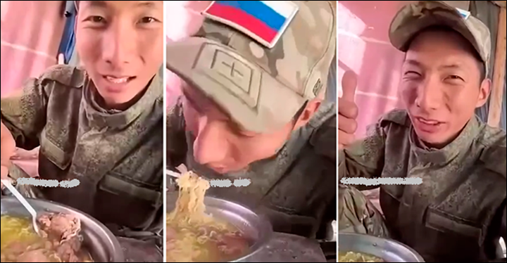 Северокорейские солдаты с удовольствием уплетали в Курской области лапшу с тушёнкой // Скриншот видео из ТГ-канала Олега Царёва